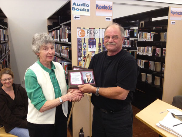 Gertrude (Phinney) (Young) BeattieInducted June 2012 ~ Betty Bruce (daughter) accepting the plaque from Vice Chair Dave Spears